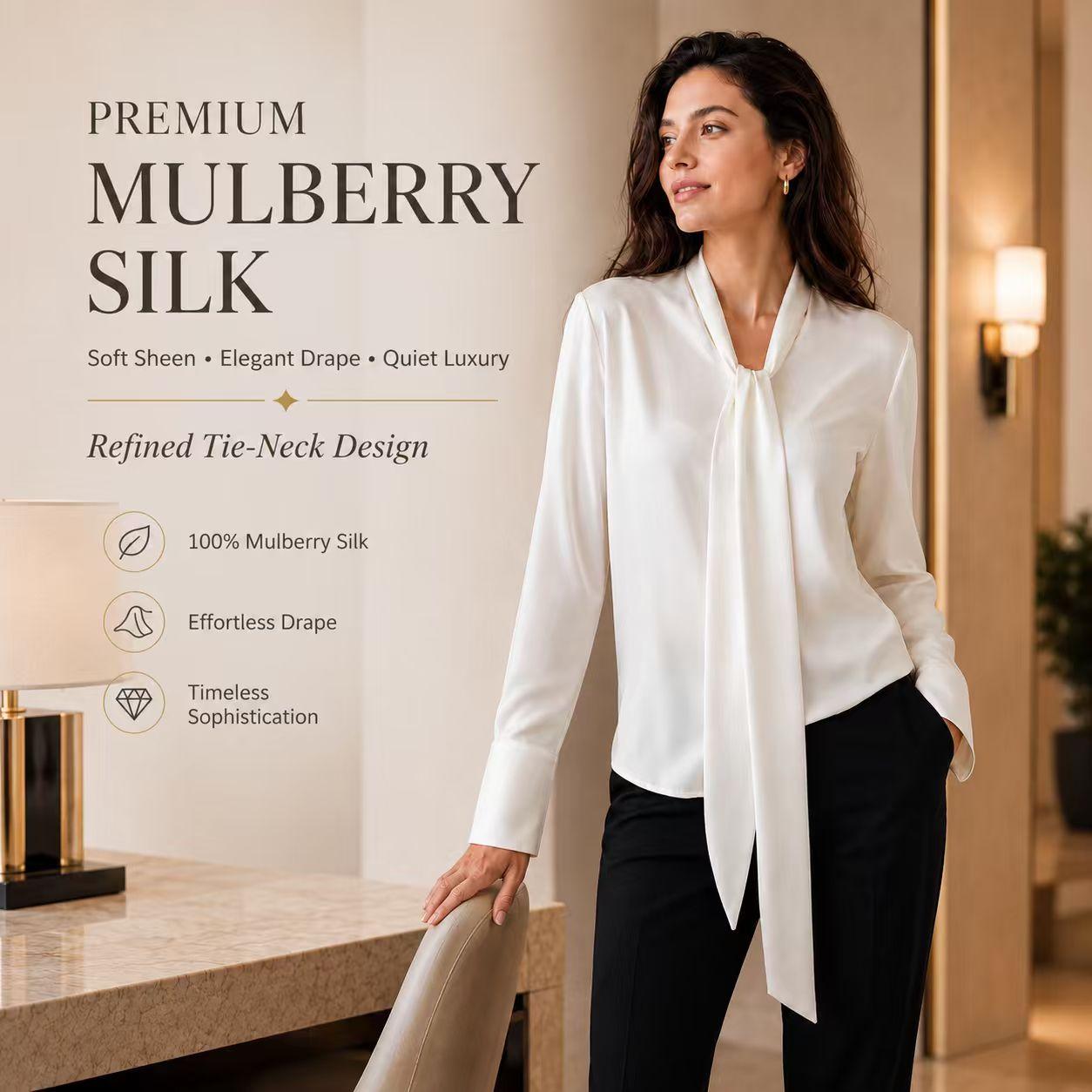 Women’s Formal Fit Chic Smooth Silk-Feel Tie-Neck Long Sleeve Blouse - Comfortable Fabric Office Workwear for Dressy Business Casual Pairing with Skirts, Suits, Trousers, Fitted image 8