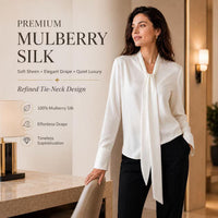 Women’s Formal Fit Chic Smooth Silk-Feel Tie-Neck Long Sleeve Blouse - Comfortable Fabric Office Workwear for Dressy Business Casual Pairing with Skirts, Suits, Trousers, Fitted image 8