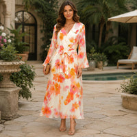 Women's Deep V-Neck Long Sleeve Silk Satin Maxi Dress - Orange Pink Floral Print Wrap Style with Waist Tie-Up Belt, Hand Wash, Elegant Flowy Long Length Wedding Guest Party Dress image 8