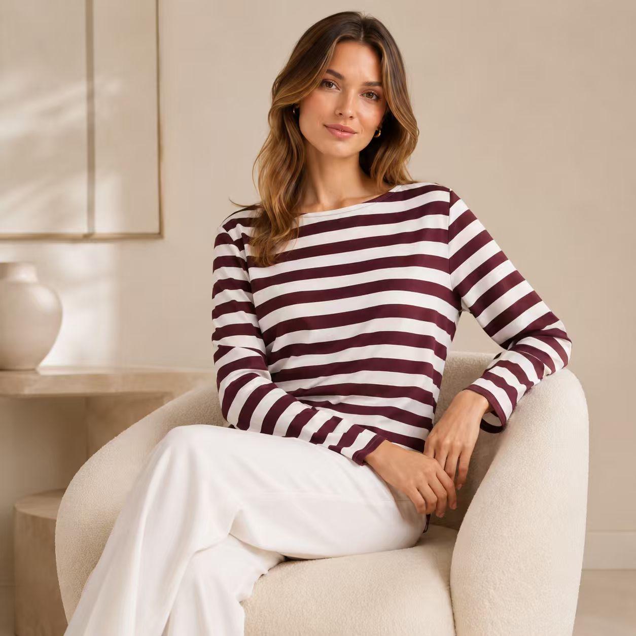 Women's Silky Satin Stripe Pattern Tshirt - Burgundy & White, Boat Neck, Long Sleeve, Relaxed Cut, Flared Sleeves, Breathable Pullover, Regular Sizes, Minimalist Casual Commuter Basic Knit Blouse Top image 8