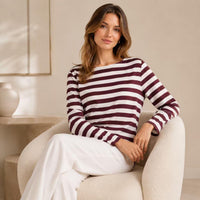 Women's Silky Satin Stripe Pattern Tshirt - Burgundy & White, Boat Neck, Long Sleeve, Relaxed Cut, Flared Sleeves, Breathable Pullover, Regular Sizes, Minimalist Casual Commuter Basic Knit Blouse Top image 8