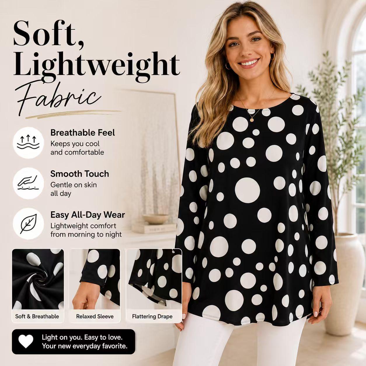 Women's Light Luxury Satin Crew Neck Long Sleeve Tunic Shirts - Black Base with Large Polka Dots, Mid-Length, Loose Drape, Curve-Hiding, Breathable Casual Bohemian Commuter Cover-Up Tops image 8