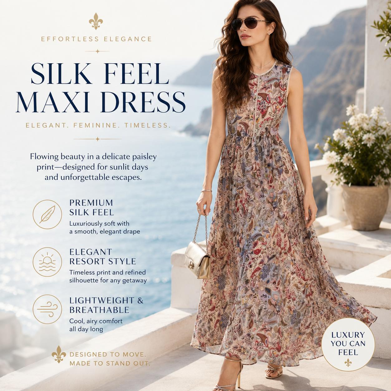 Women's Bohemian Pullover Maxi Dress - Silk Touch Rayon, Sleeveless Round Neck, Waist Cinch, Vintage Paisley Floral Mix, Light Luxury, Flowy Wide Hem, Vacation Beach Casual Womenswear image 8