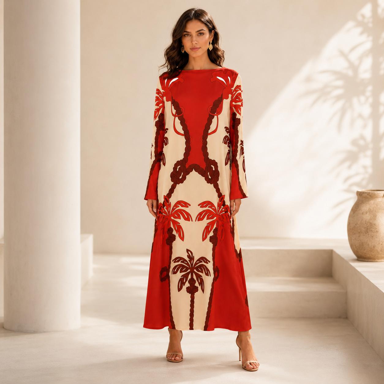 Women's Satin Pullover Crew Neck Bell Long Sleeve Maxi Dress, Bohemian Palm Tree Print Flowy Gown for Vacation, Upscale Dinner Dates, Hand Wash Casual Womenswear image 8