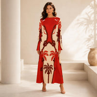 Women's Satin Pullover Crew Neck Bell Long Sleeve Maxi Dress, Bohemian Palm Tree Print Flowy Gown for Vacation, Upscale Dinner Dates, Hand Wash Casual Womenswear image 8