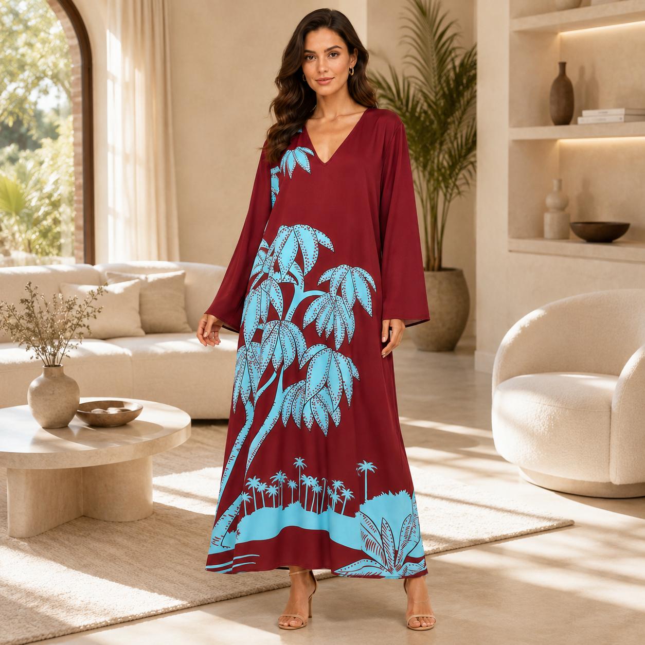 Women’s Premium Silk Maxi Dress - Long Sleeve V-Neck A-Line Tropical Print, Everyday Minimalist Beach Dress, Relaxed Flowy Lightweight Travel Casual Wear for Elegance & Style image 8