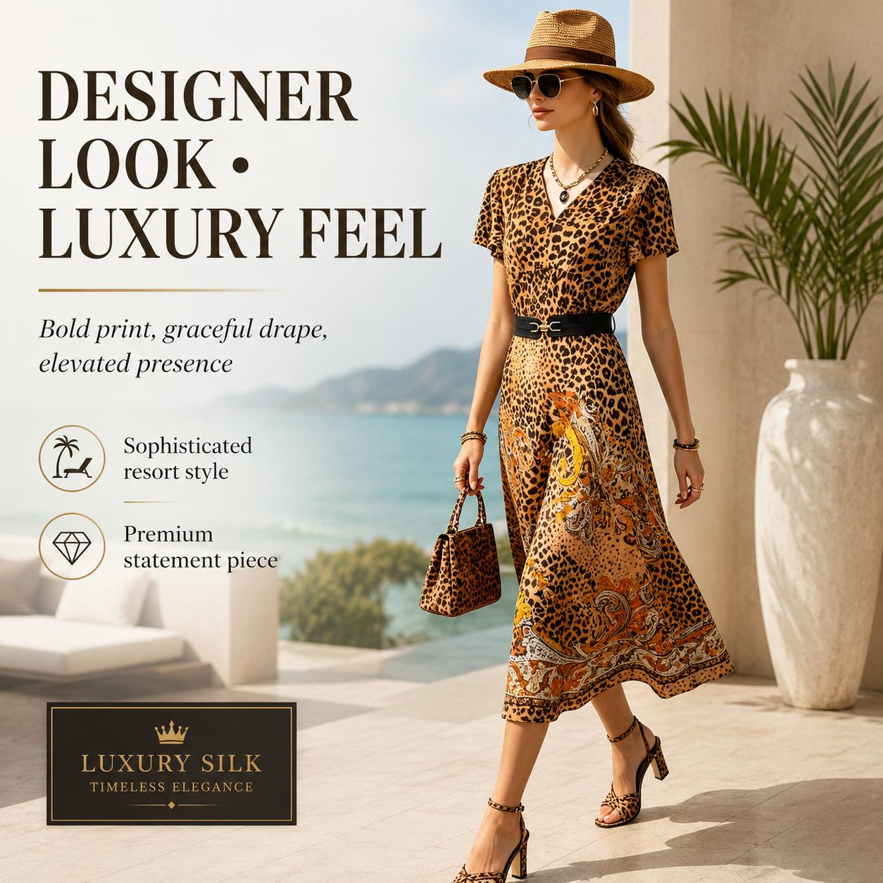 Women's Light Luxury Silk-Touch Floral Mix Paneled V-Neck Short Sleeve Dress - Belted Waist, Tie Detail, Flared Silhouette, Casual Bohemian Beach Midi Dress, Short Sleeves, Belt Closure image 8