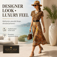 Women's Light Luxury Silk-Touch Floral Mix Paneled V-Neck Short Sleeve Dress - Belted Waist, Tie Detail, Flared Silhouette, Casual Bohemian Beach Midi Dress, Short Sleeves, Belt Closure image 8