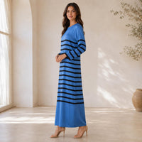 Luxury premium satin maxi dress for women with blue and black striped print, elegant round neck, long sleeves, loose straight fit, floor length; bohemian resort casual vacation everyday long gown Womenswear Crewneck image 9