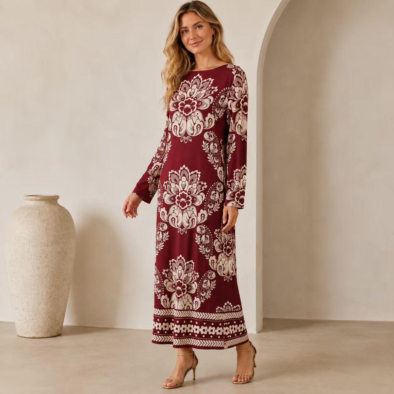 Luxury premium satin burgundy maxi dress for women with ethnic floral print, elegant round neck, long sleeves, loose straight fit, bohemian style, floor-length gown—ideal for resort vacations. Boho Chic Dress Summer image 9