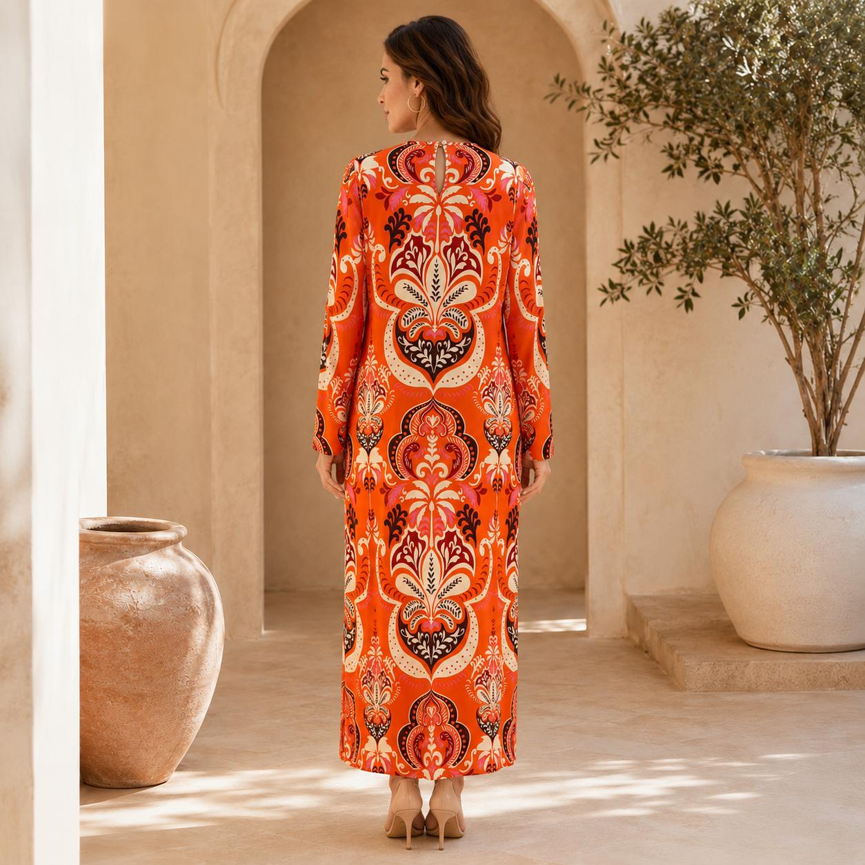 Women's Luxury Silk Boho Maxi Dress - Chic, Comfortable, Modest Long-Sleeve V-Neck Floral Print A-Line, Smooth Lightweight for Everyday Outfits, Vacation Evening Wear, Style image 9