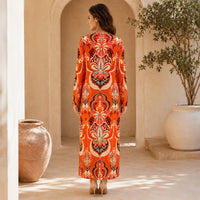 Women's Luxury Silk Boho Maxi Dress - Chic, Comfortable, Modest Long-Sleeve V-Neck Floral Print A-Line, Smooth Lightweight for Everyday Outfits, Vacation Evening Wear, Style image 9