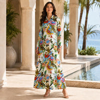 Women’s Premium Silk Floral Maxi Dress – Elegant long-sleeve collared A-line dress for vacations and everyday wear image 9