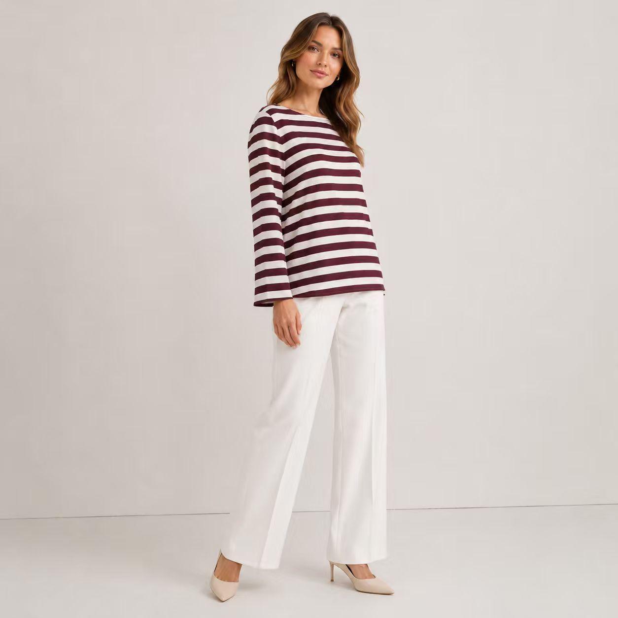 Women's Silky Satin Stripe Pattern Tshirt - Burgundy & White, Boat Neck, Long Sleeve, Relaxed Cut, Flared Sleeves, Breathable Pullover, Regular Sizes, Minimalist Casual Commuter Basic Knit Blouse Top image 9
