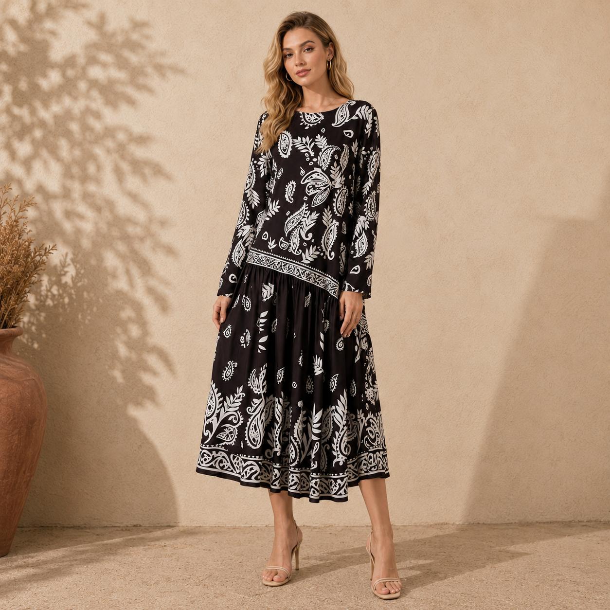 Women’s Premium Silk Paisley Long-Sleeve Boho A-Line Midi Dress, Bohemian Casual Wear for Vacation, Hand Washable image 9