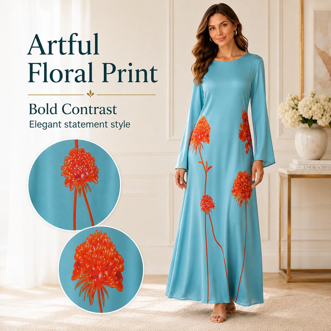 Light luxury faux silk long dress in lake blue and orange floral print, crew neck, bell sleeves, loose fit, maxi length; casual vacation style with a fluid drape and flared silhouette. image 9