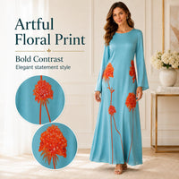 Light luxury faux silk long dress in lake blue and orange floral print, crew neck, bell sleeves, loose fit, maxi length; casual vacation style with a fluid drape and flared silhouette. image 9