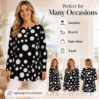 Women's Light Luxury Satin Crew Neck Long Sleeve Tunic Shirts - Black Base with Large Polka Dots, Mid-Length, Loose Drape, Curve-Hiding, Breathable Casual Bohemian Commuter Cover-Up Tops image 9