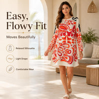 Women's Abstract Print Longsleeves Faux Silk Shift Dress - Round Neck, Knee-Length, Casual Vacation Wear image 9