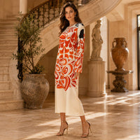 Light luxury satin orange abstract swirl print crew neck flared long sleeves midi dress Bohemian island vacation party high-end straight long dress image 9