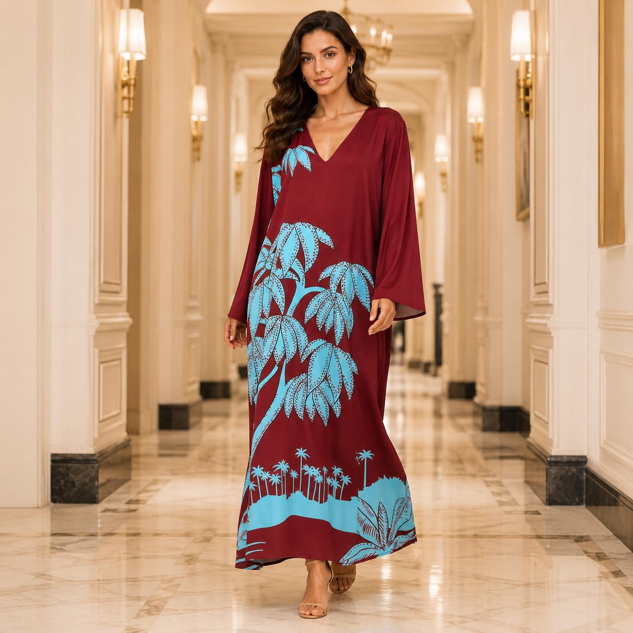 Women’s Premium Silk Maxi Dress - Long Sleeve V-Neck A-Line Tropical Print, Everyday Minimalist Beach Dress, Relaxed Flowy Lightweight Travel Casual Wear for Elegance & Style image 9