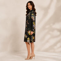 Women's Silky Satin Black Floral Print Long Sleeve Shirt Pullover - Collared Neck, Loose Straight Fit, Minimalist Knee-Length Shift Dress, Suitable for Office & Casual Wear Womenswear Summer image 10