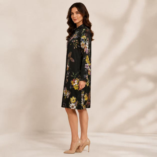 Women's Silky Satin Black Floral Print Long Sleeve Shirt Pullover - Collared Neck, Loose Straight Fit, Minimalist Knee-Length Shift Dress, Suitable for Office & Casual Wear Womenswear Summer image 10
