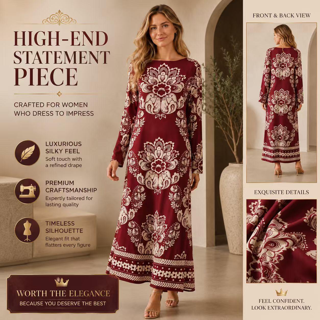 Luxury premium satin burgundy maxi dress for women with ethnic floral print, elegant round neck, long sleeves, loose straight fit, bohemian style, floor-length gown—ideal for resort vacations. Boho Chic Dress Summer image 10
