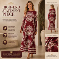 Luxury premium satin burgundy maxi dress for women with ethnic floral print, elegant round neck, long sleeves, loose straight fit, bohemian style, floor-length gown—ideal for resort vacations. Boho Chic Dress Summer image 10