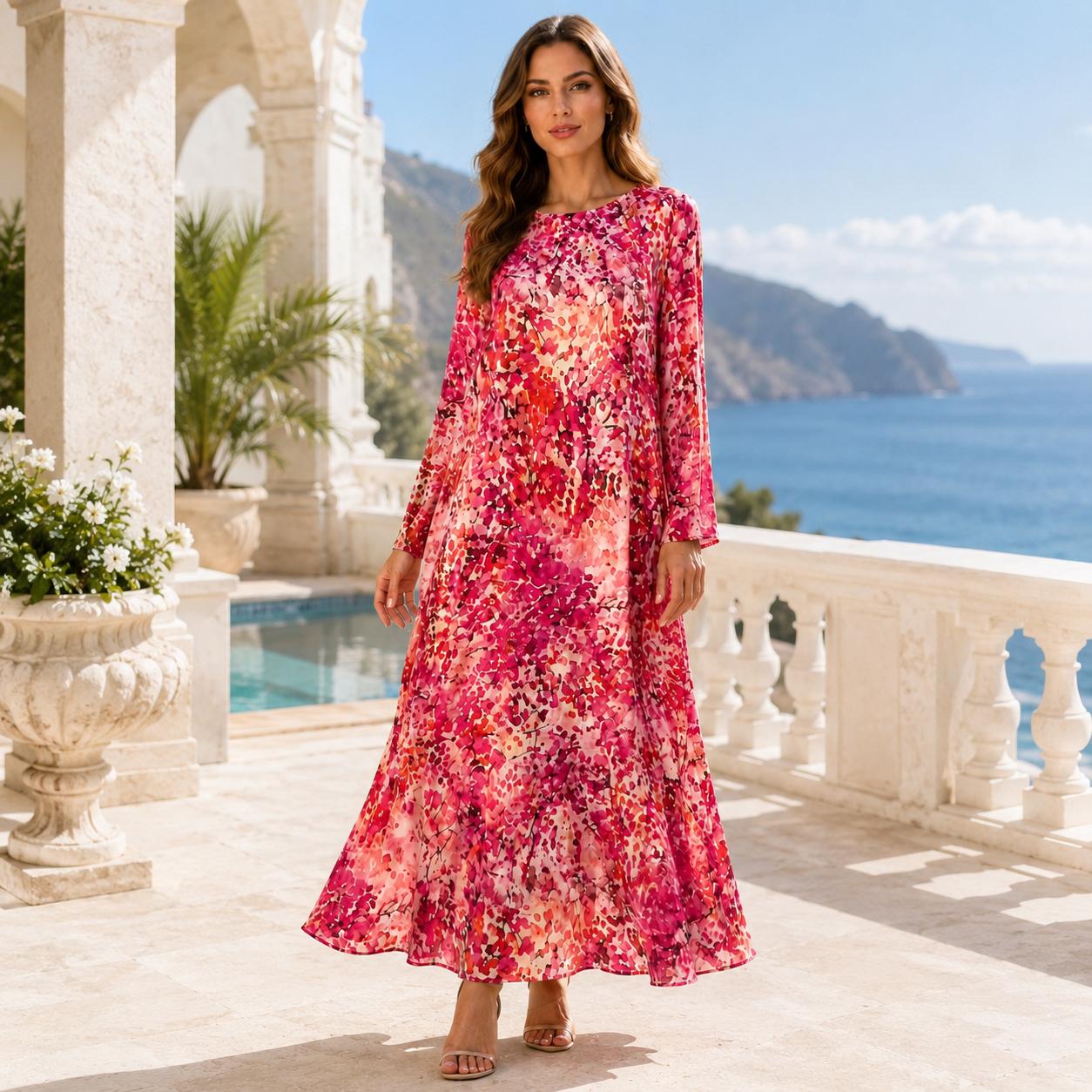 Women’s Premium Silk Fabric Floral Print Longsleeve Maxi Dress - Round Neck, Flowy A-Line, Elegant Casual Wear for Brunch Dates, Daily Use - Hand Wash Only Casual Dresses (Dry Clean Recommended, Do Not Bleach, Hang Dry) image 10