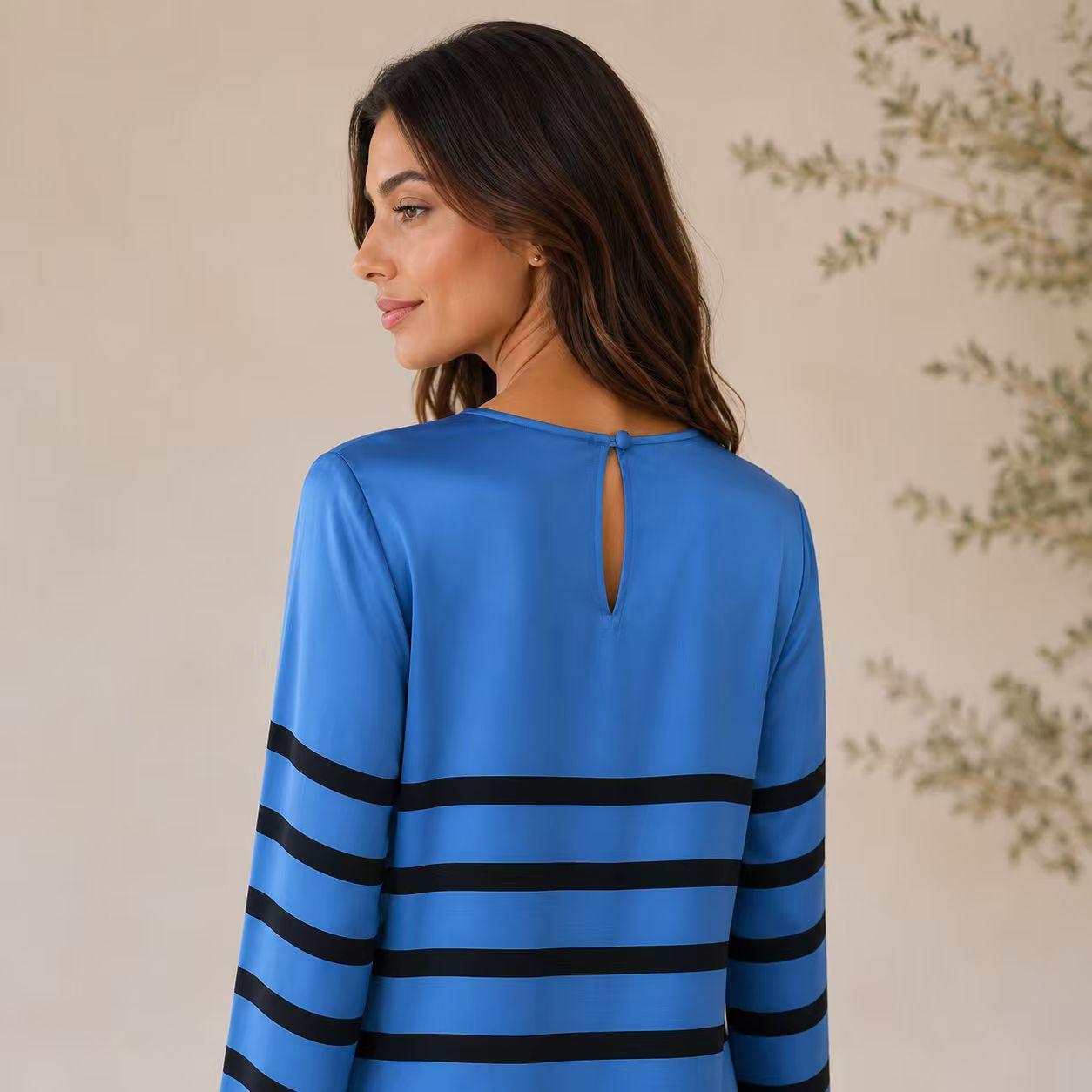 Luxury premium satin maxi dress for women with blue and black striped print, elegant round neck, long sleeves, loose straight fit, floor length; bohemian resort casual vacation everyday long gown Womenswear Crewneck image 10