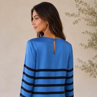 Luxury premium satin maxi dress for women with blue and black striped print, elegant round neck, long sleeves, loose straight fit, floor length; bohemian resort casual vacation everyday long gown Womenswear Crewneck image 10