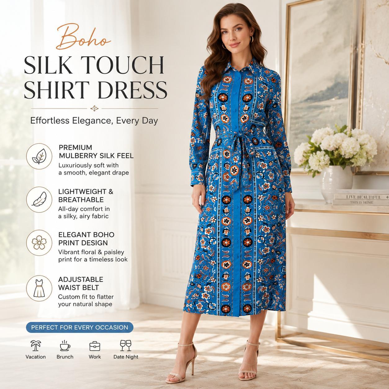 Light luxury faux silk long dress with a blue base, ethnic floral print, turn-down collar, long sleeves, and a cinched waist—Bohemian vacation style, mid-length, tie detail. image 10