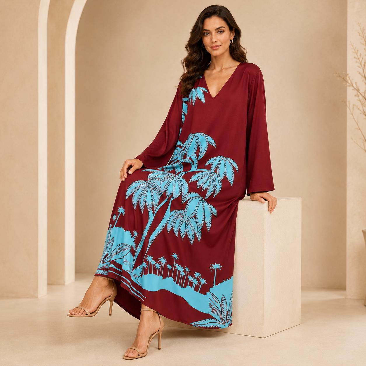 Women’s Premium Silk Maxi Dress - Long Sleeve V-Neck A-Line Tropical Print, Everyday Minimalist Beach Dress, Relaxed Flowy Lightweight Travel Casual Wear for Elegance & Style image 10