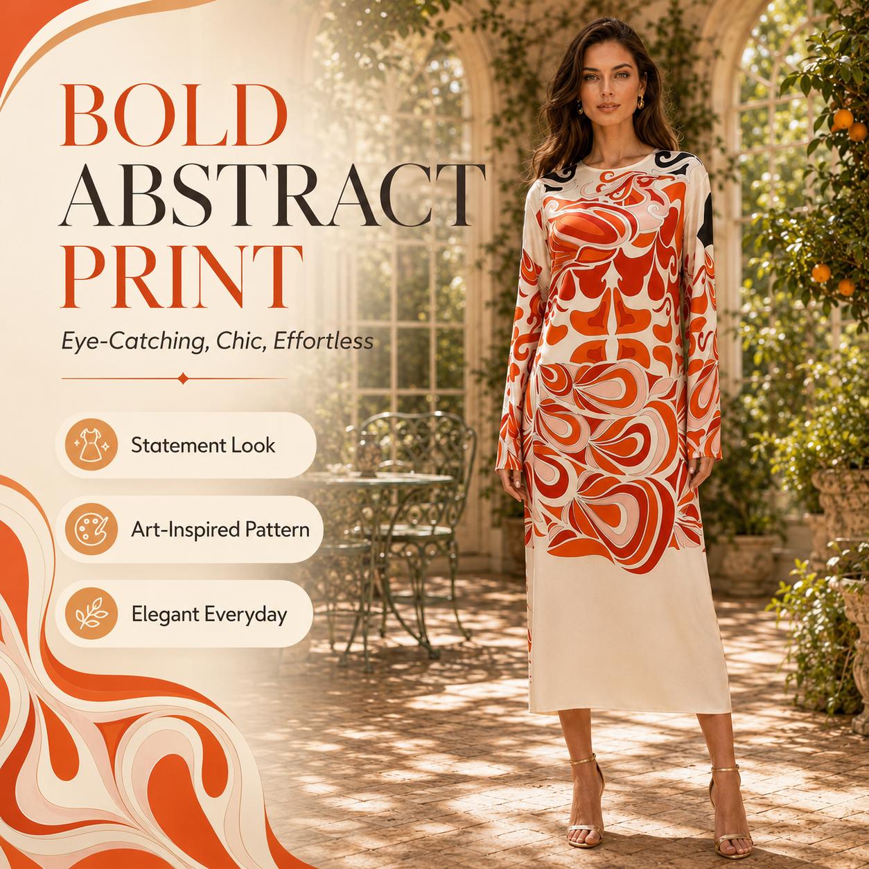 Light luxury satin orange abstract swirl print crew neck flared long sleeves midi dress Bohemian island vacation party high-end straight long dress image 10