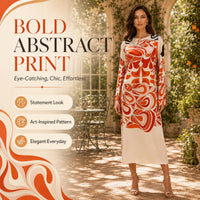 Light luxury satin orange abstract swirl print crew neck flared long sleeves midi dress Bohemian island vacation party high-end straight long dress image 10