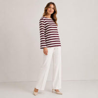Women's Silky Satin Stripe Pattern Tshirt - Burgundy & White, Boat Neck, Long Sleeve, Relaxed Cut, Flared Sleeves, Breathable Pullover, Regular Sizes, Minimalist Casual Commuter Basic Knit Blouse Top image 10