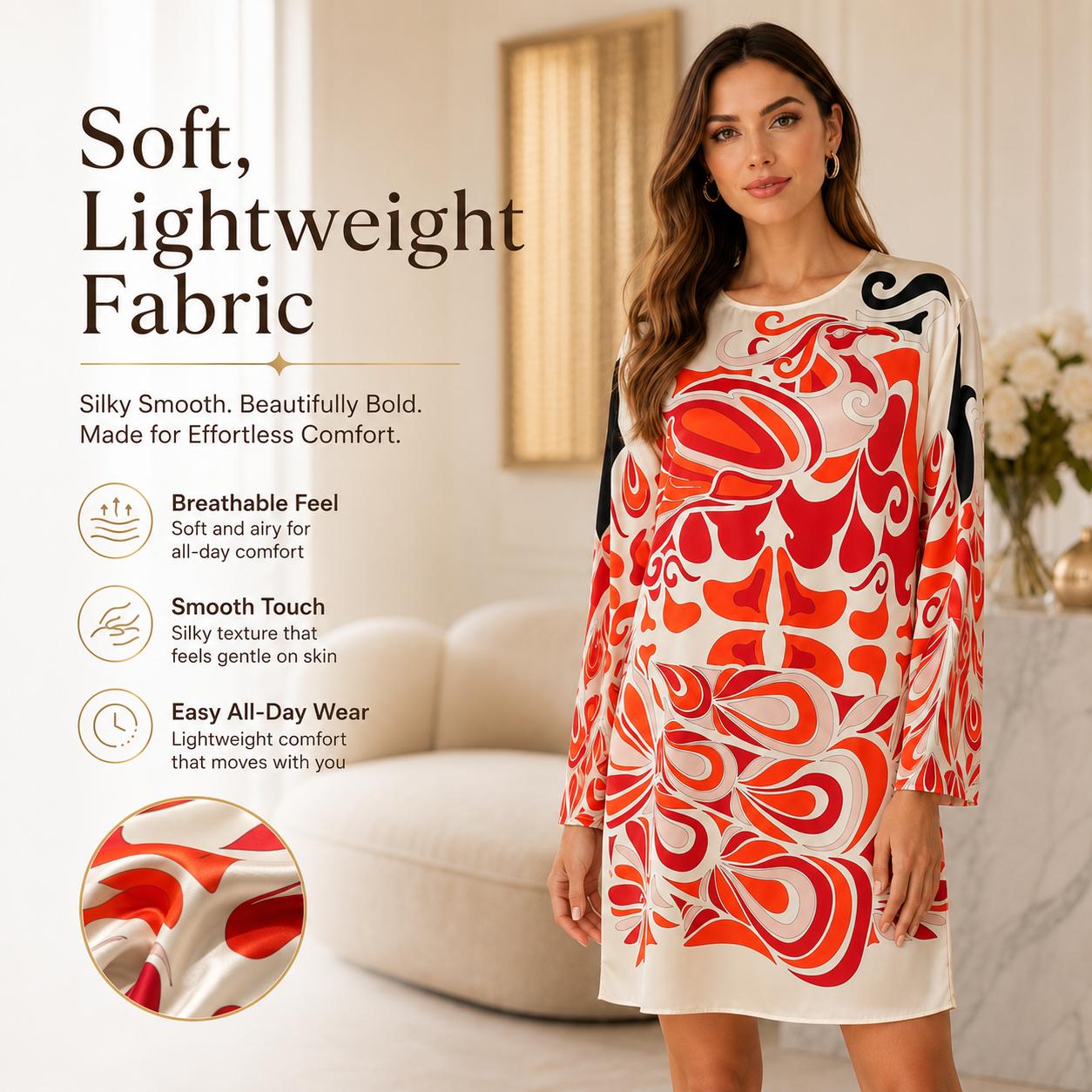 Women's Abstract Print Longsleeves Faux Silk Shift Dress - Round Neck, Knee-Length, Casual Vacation Wear image 10