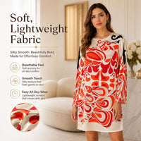 Women's Abstract Print Longsleeves Faux Silk Shift Dress - Round Neck, Knee-Length, Casual Vacation Wear image 10
