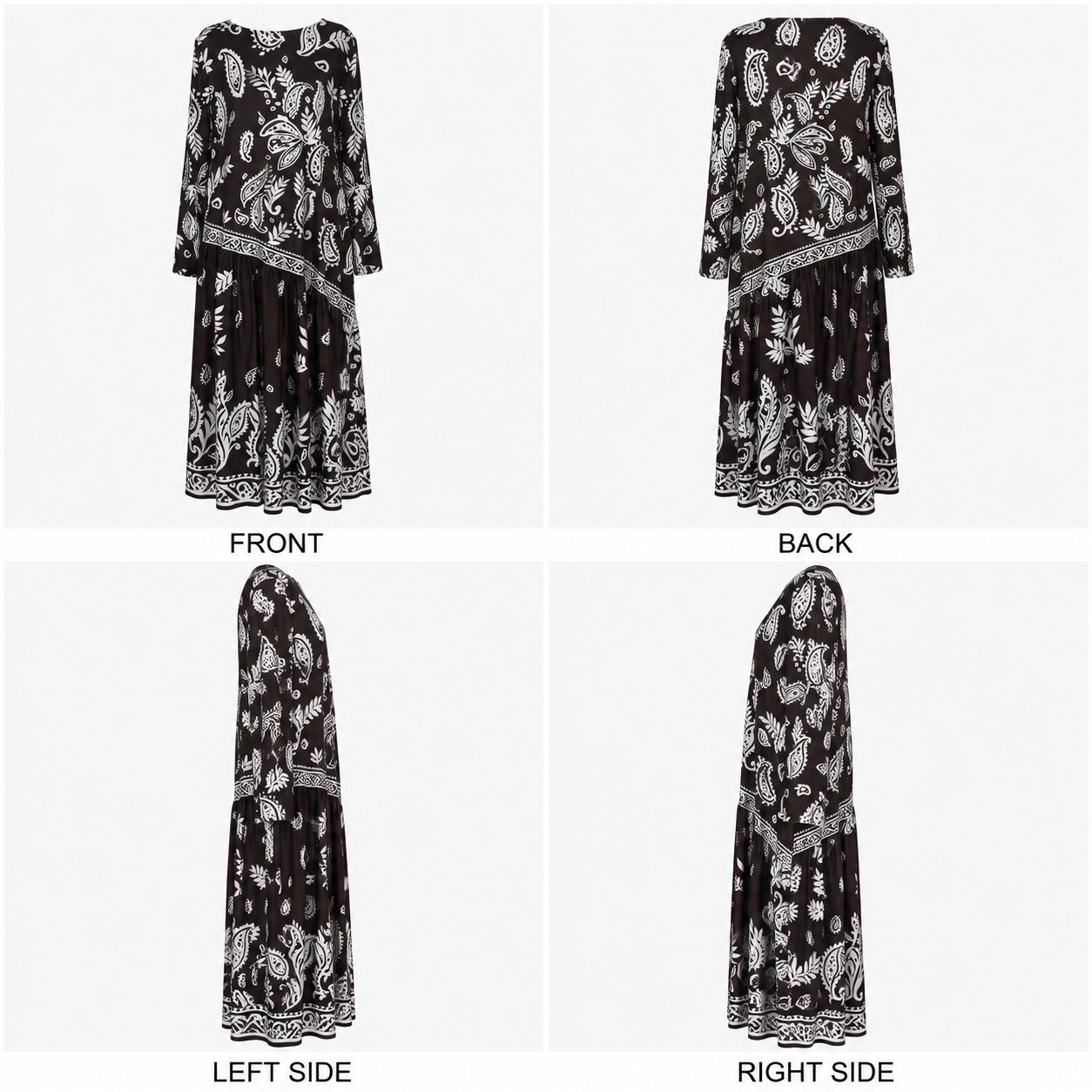 Women’s Premium Silk Paisley Long-Sleeve Boho A-Line Midi Dress, Bohemian Casual Wear for Vacation, Hand Washable image 10