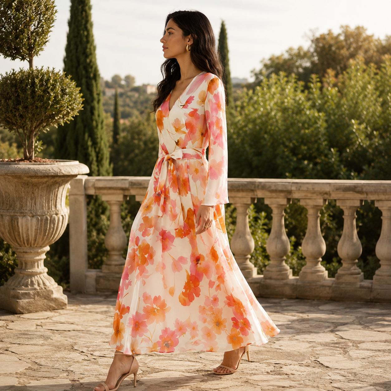 Women's Deep V-Neck Long Sleeve Silk Satin Maxi Dress - Orange Pink Floral Print Wrap Style with Waist Tie-Up Belt, Hand Wash, Elegant Flowy Long Length Wedding Guest Party Dress image 10