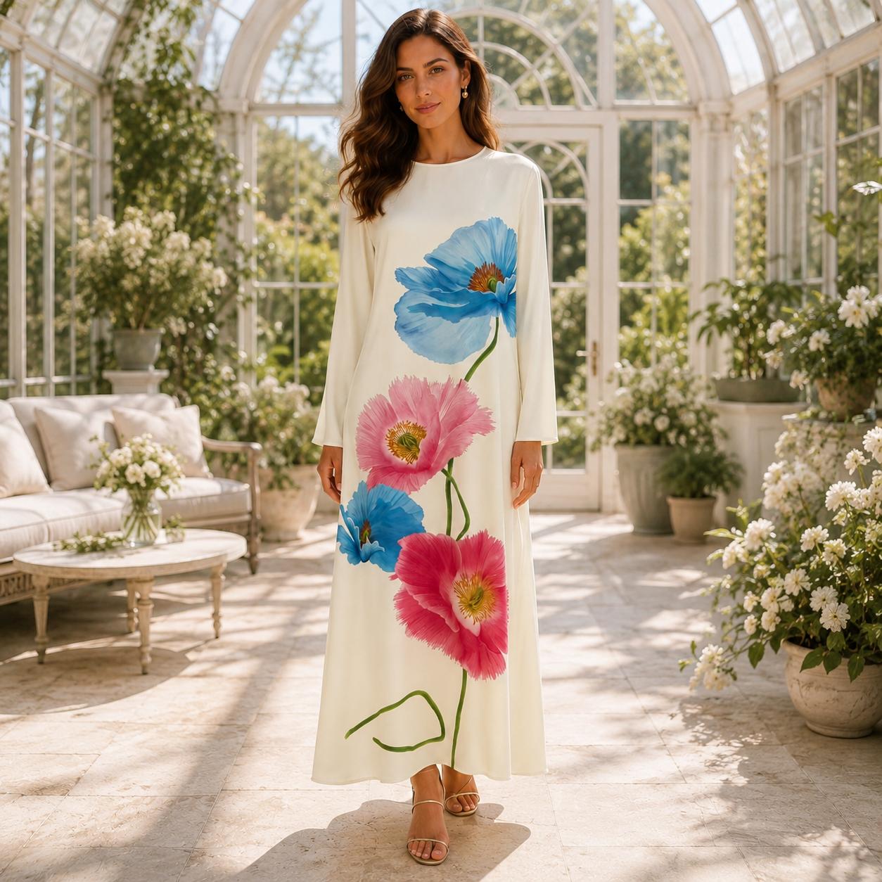 Women’s Premium Silk Round Neck Longsleeve Oversized Orchid Floral Design Dress - Loose-Fit A-Line Flowing Maxi, Elegant Silk Fabric, Formal Dinner Vacation Party Casual Womenswear Crewneck image 11