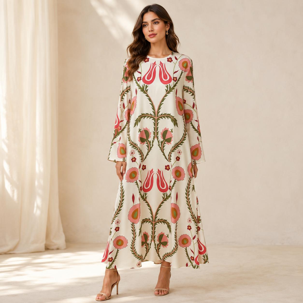 Women's Luxurious Silk A-Line Maxi Dress - Crew Neck, Bell Long Sleeves, Floral Print, Bohemian Relaxed Loose Fit, Flowy Silhouette, Luxurious Statement Piece for Evening Occasions, Hand Wash Friendly image 11