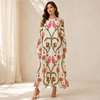 Women's Luxurious Silk A-Line Maxi Dress - Crew Neck, Bell Long Sleeves, Floral Print, Bohemian Relaxed Loose Fit, Flowy Silhouette, Luxurious Statement Piece for Evening Occasions, Hand Wash Friendly image 11