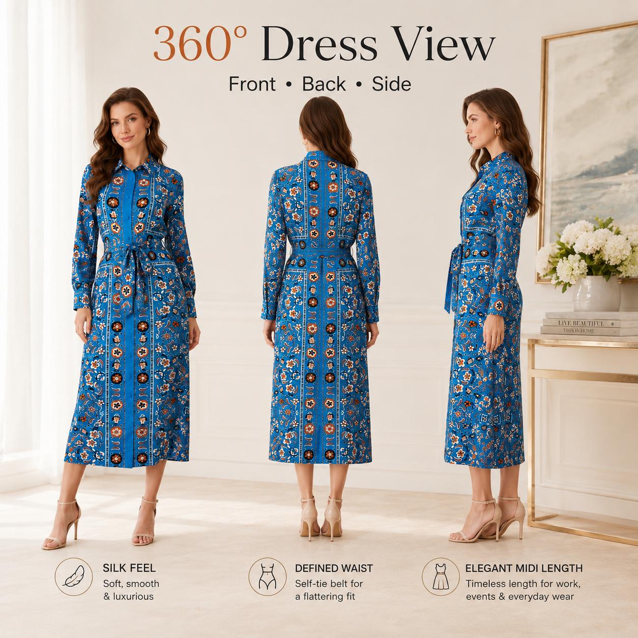 Light luxury faux silk long dress with a blue base, ethnic floral print, turn-down collar, long sleeves, and a cinched waist—Bohemian vacation style, mid-length, tie detail. image 11