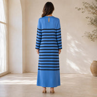 Luxury premium satin maxi dress for women with blue and black striped print, elegant round neck, long sleeves, loose straight fit, floor length; bohemian resort casual vacation everyday long gown Womenswear Crewneck image 11