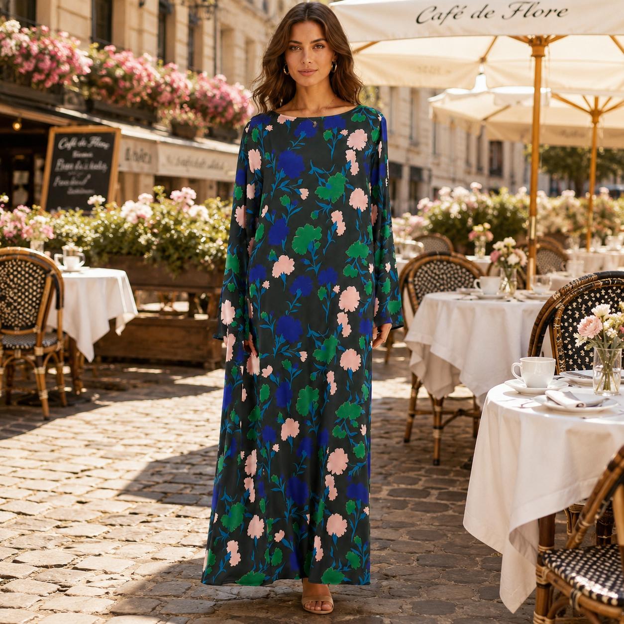 Women’s Premium Silk Floral Print Maxi Dress - Longsleeves, Full Sleeve, Loose Fit, Round Neck, Feminine Flair Elegant Casual Wear for Holiday, Dinner (S, 2XL) - Do Not Bleach image 11