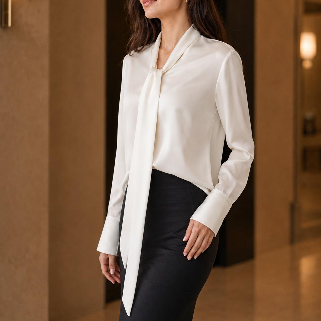 Women’s Formal Fit Chic Smooth Silk-Feel Tie-Neck Long Sleeve Blouse - Comfortable Fabric Office Workwear for Dressy Business Casual Pairing with Skirts, Suits, Trousers, Fitted image 11