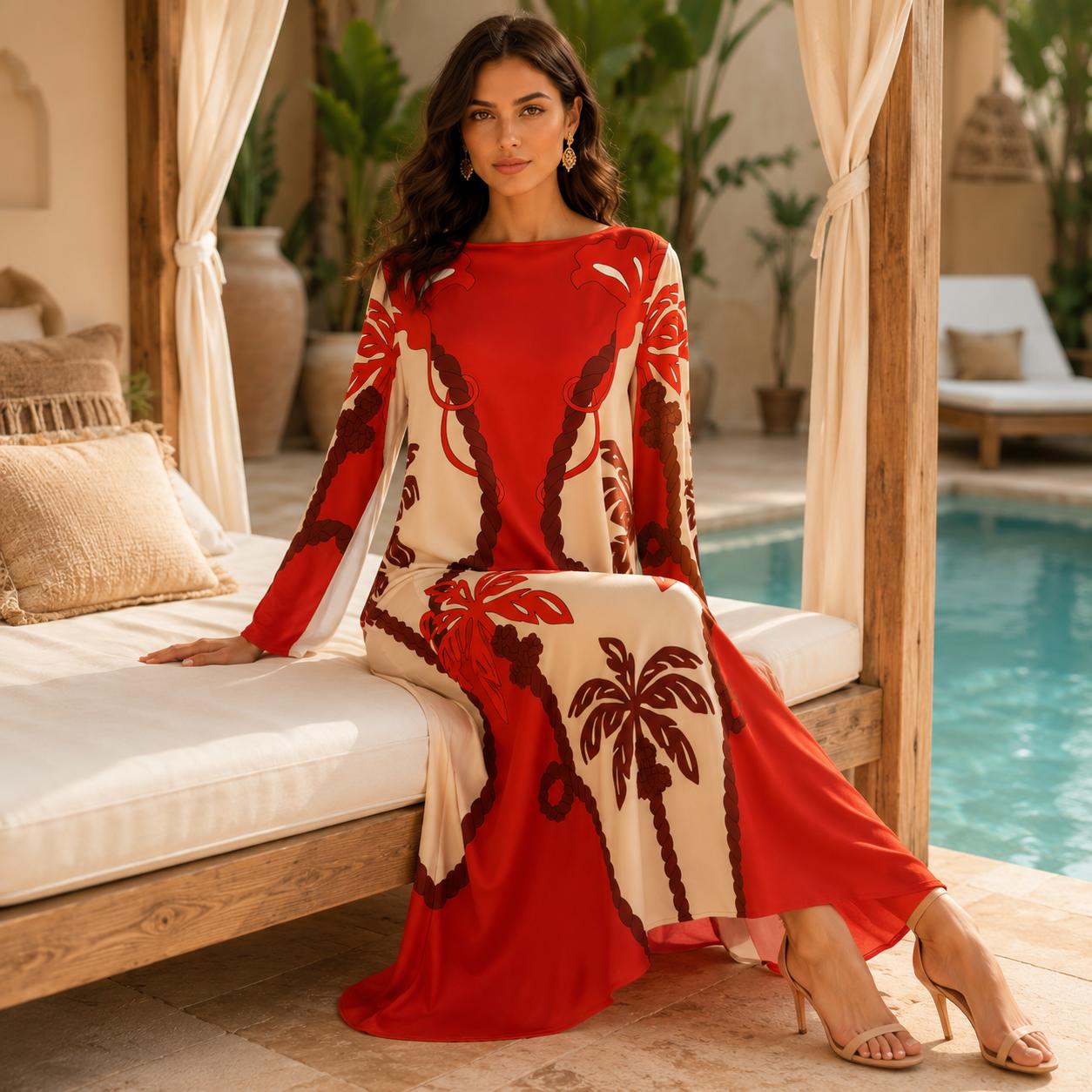 Women's Satin Pullover Crew Neck Bell Long Sleeve Maxi Dress, Bohemian Palm Tree Print Flowy Gown for Vacation, Upscale Dinner Dates, Hand Wash Casual Womenswear image 11