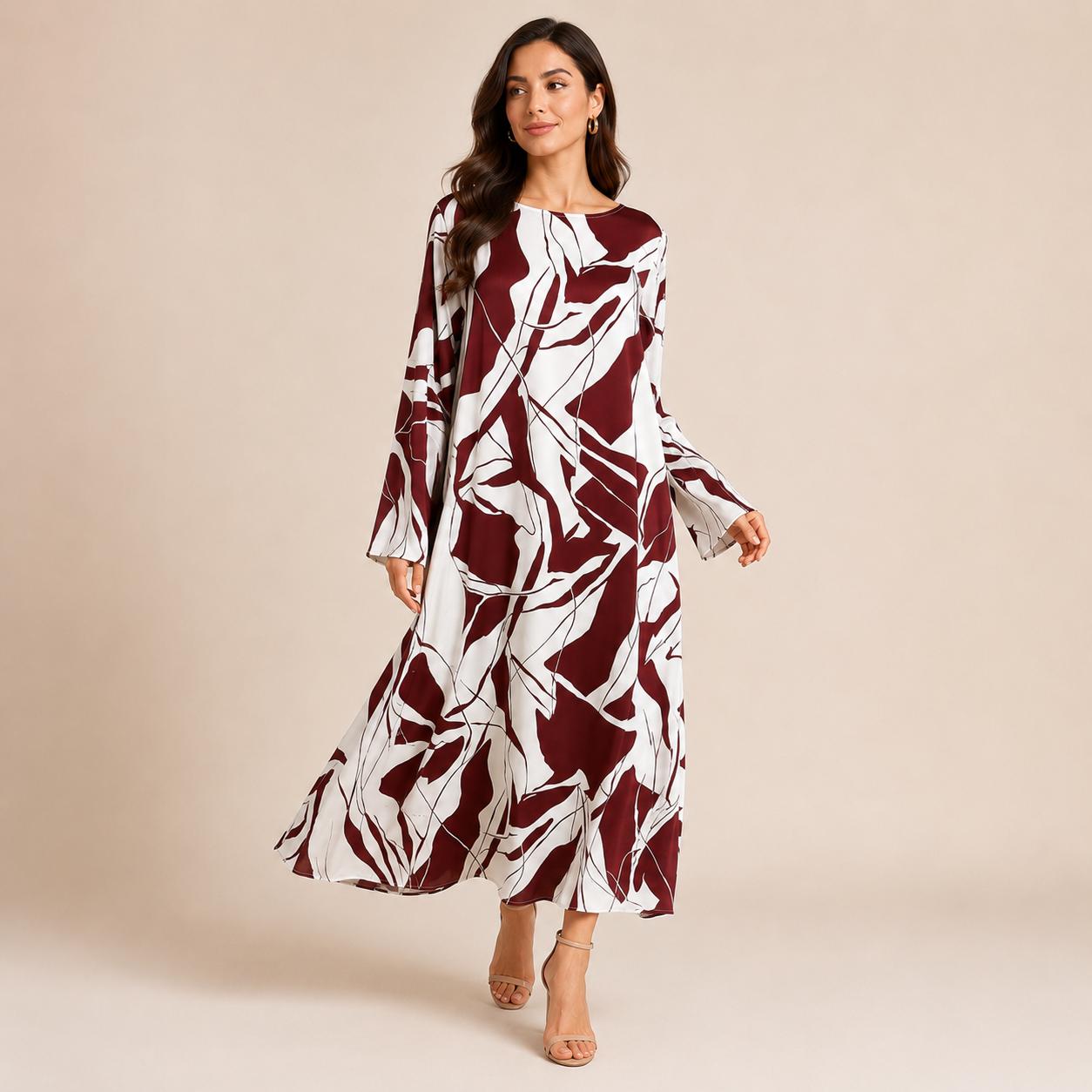 Women's Silk Full-Length A-Line Cut Dress, Elegant Artistic Print with Long Sleeves - Loose Fit for Vacation & Evening Formal Events image 11